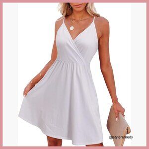 V-Neck Spaghetti Strap Swing Sundress with Pockets, 95% Polyester 5% Spandex